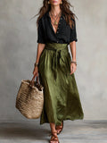 Veronia | Set Black T-shirt and Olive Green Midi Skirt