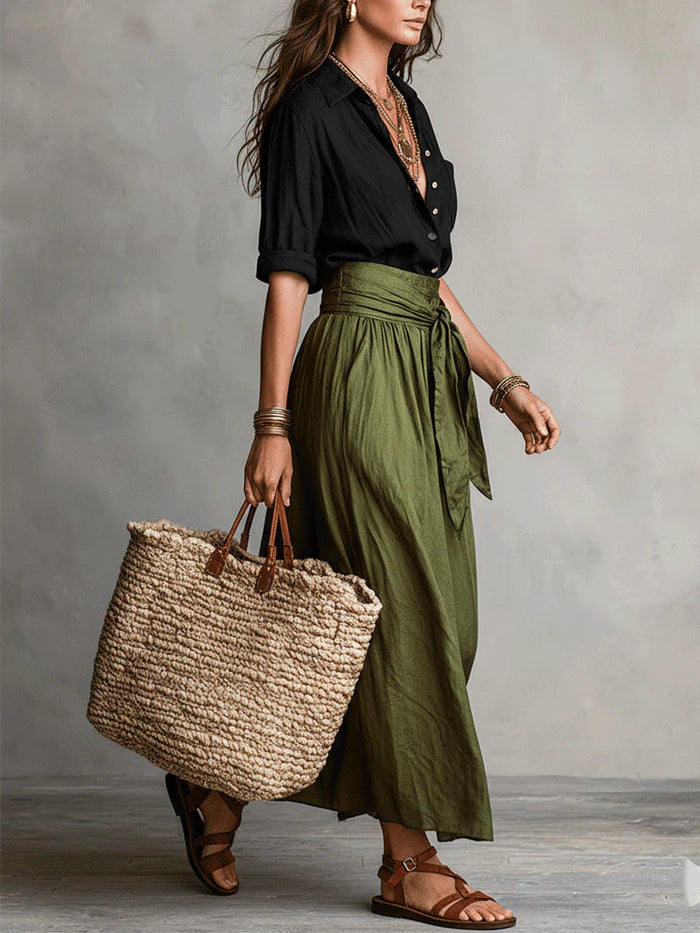 Veronia | Set Black T-shirt and Olive Green Midi Skirt