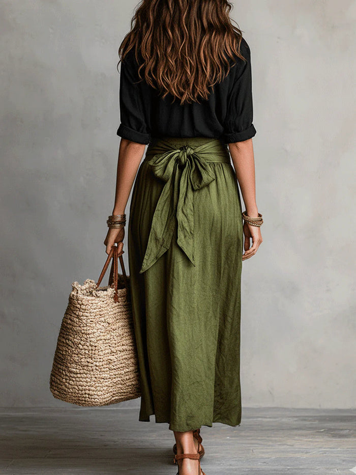 Veronia | Set Black T-shirt and Olive Green Midi Skirt