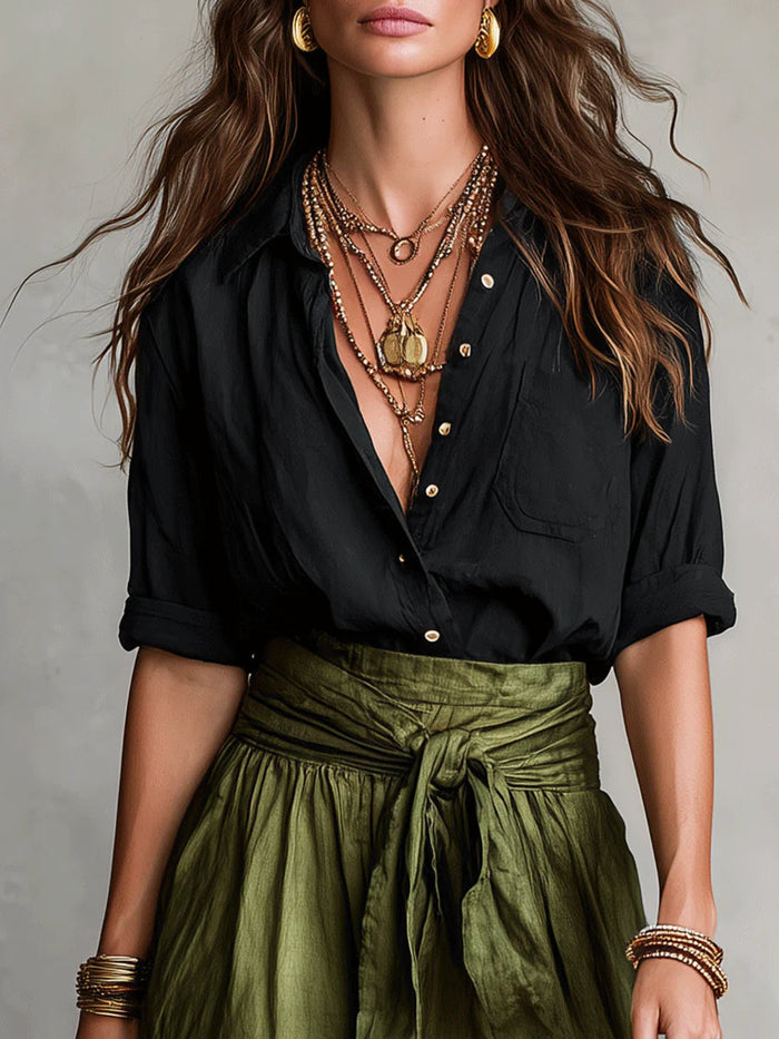 Veronia | Set Black T-shirt and Olive Green Midi Skirt