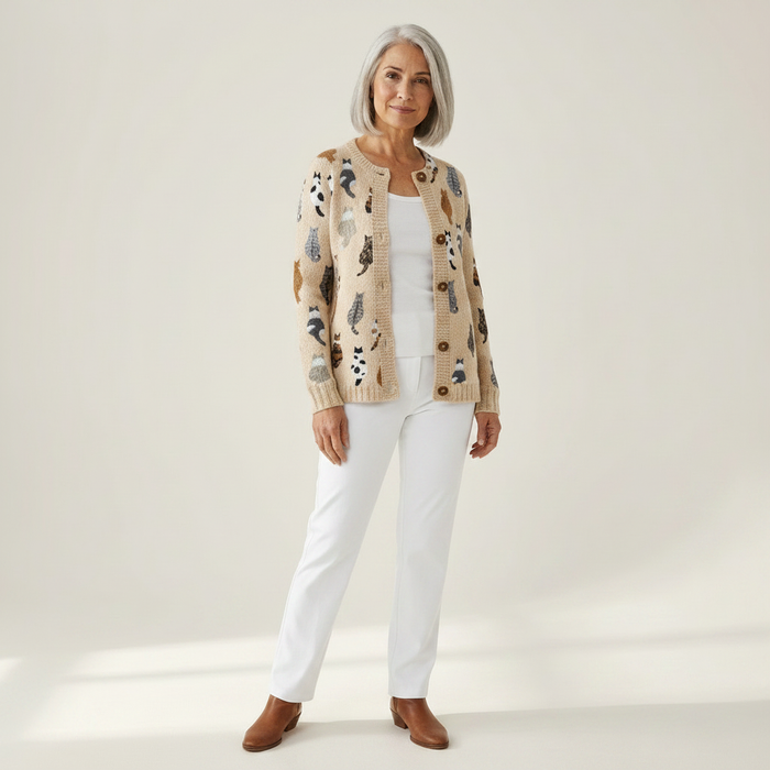 Vieno - Playful Cat Print Cardigan