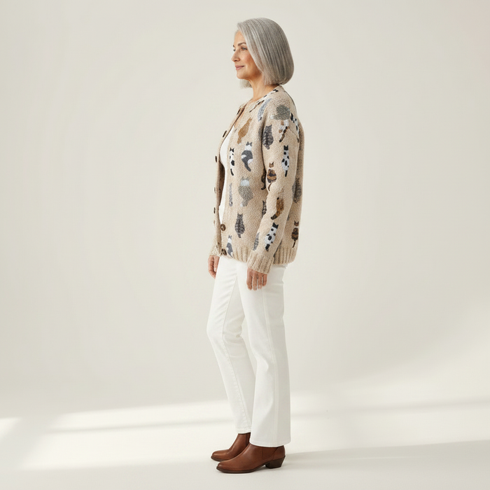 Vieno - Playful Cat Print Cardigan