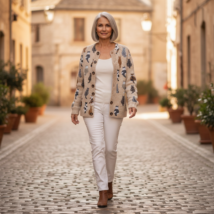 Vieno - Playful Cat Print Cardigan