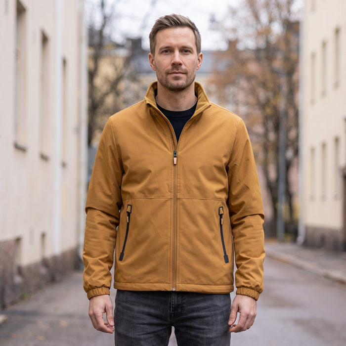 EMMA Viima reversible jacket in Caramel, shell side out, worn on a Helsinki street