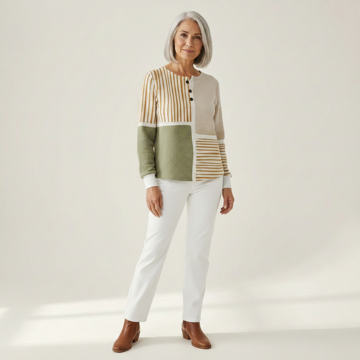Vilja - Ochre & Olive Patchwork Waffle Henley