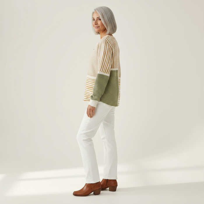 Vilja - Ochre & Olive Patchwork Waffle Henley