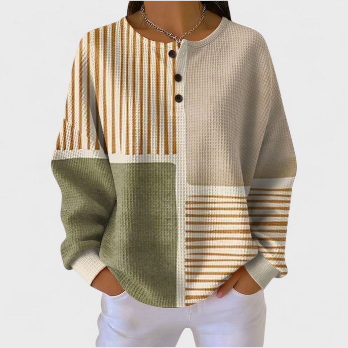 Vilja - Ochre & Olive Patchwork Waffle Henley