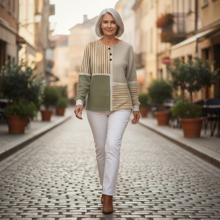 Vilja - Ochre & Olive Patchwork Waffle Henley