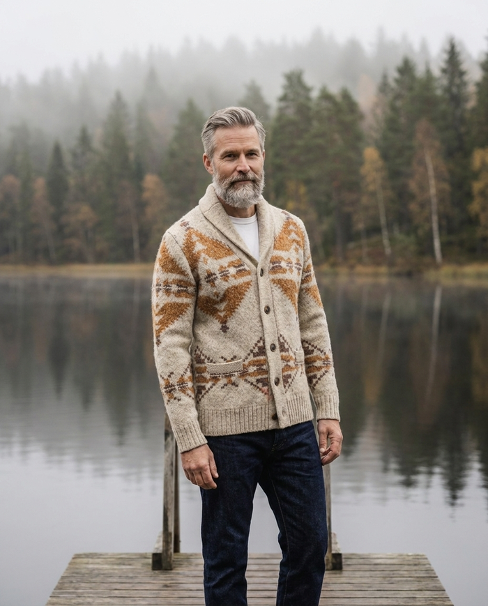 Nordic-patterned shawl cardigan worn by a Finnish lake in autumn