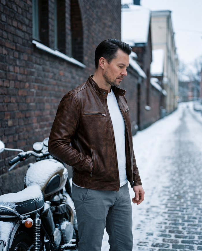 Vintage leather jacket beside a snowy motorcycle in Helsinki