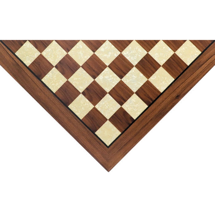 Angled top view of 50cm walnut square edge chess board handcrafted in Turkey with mother-of-pearl inlay with 50mm squares.