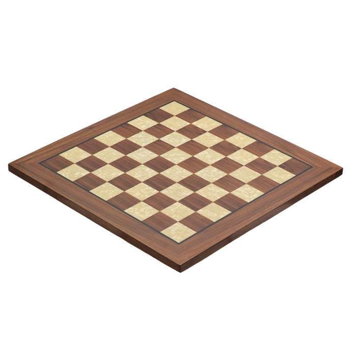 Diagonal view of 50cm walnut square edge chess board handcrafted in Turkey with mother-of-pearl inlay with 50mm squares.