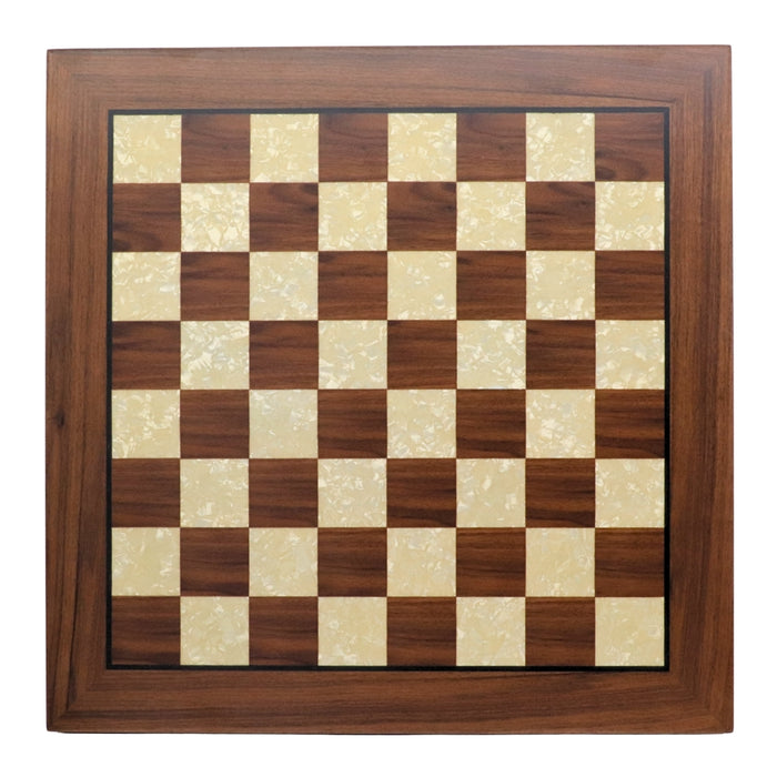 Top view of 50cm walnut square edge chess board handcrafted in Turkey with mother-of-pearl inlay with 50mm squares.