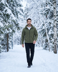 Olive fleece jacket worn on a snowy forest trail in Helsinki