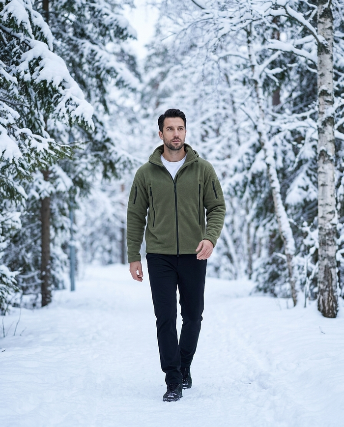 Olive fleece jacket worn on a snowy forest trail in Helsinki
