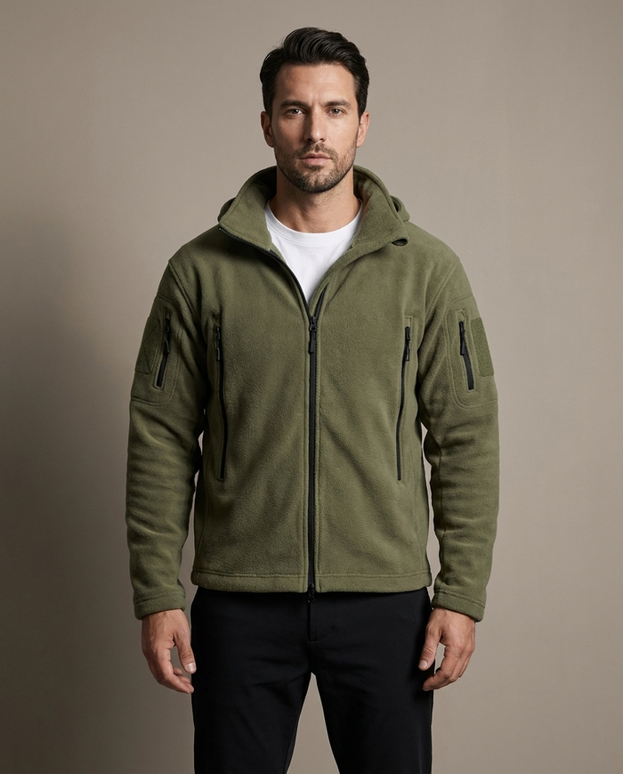 Olive green hooded polar fleece jacket with zip chest pocket