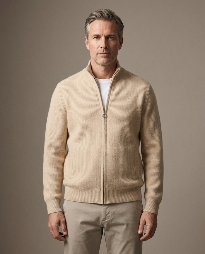 Cream full-zip knitted cardigan with stand collar