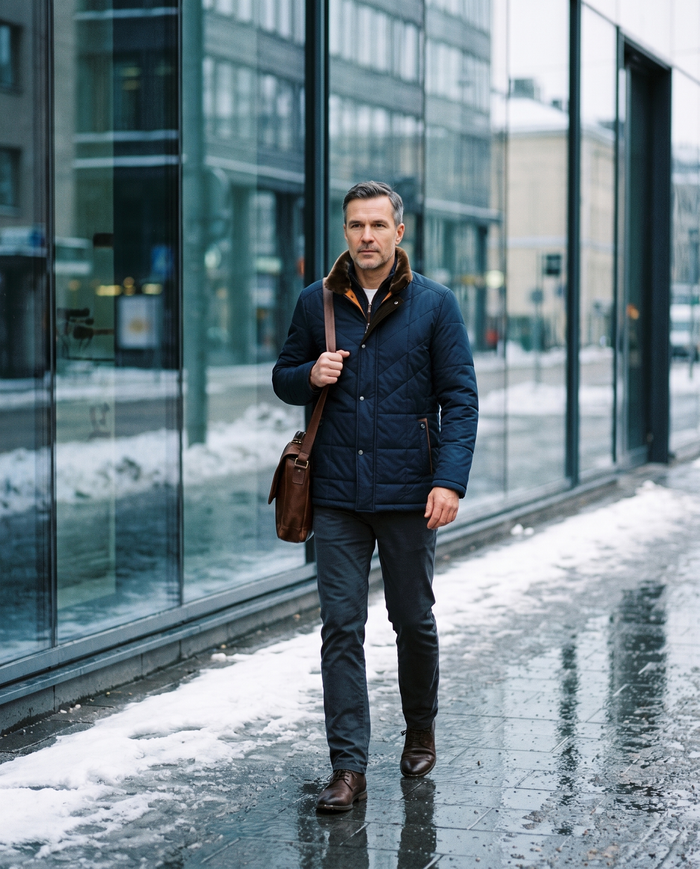 Water-resistant business jacket in Kamppi Helsinki in winter