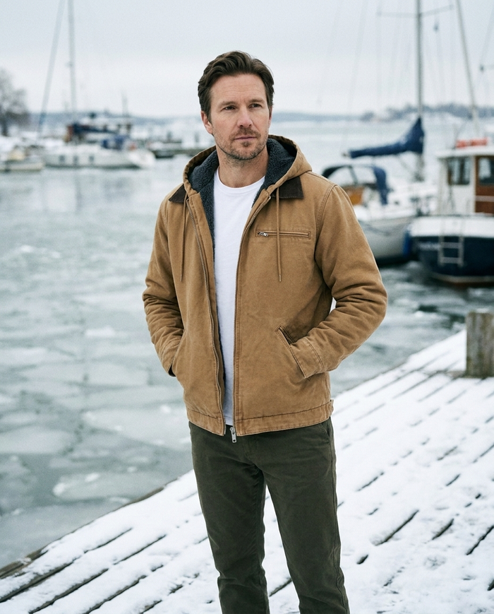 Camel canvas hooded jacket worn on the Suomenlinna ferry quay in Helsinki