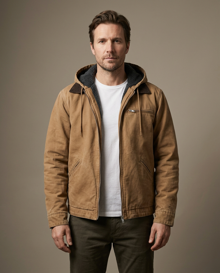 Camel washed canvas hooded jacket with corduroy collar and fleece lining