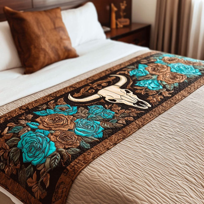 Quilted bed runner with a steer skull and turquoise roses