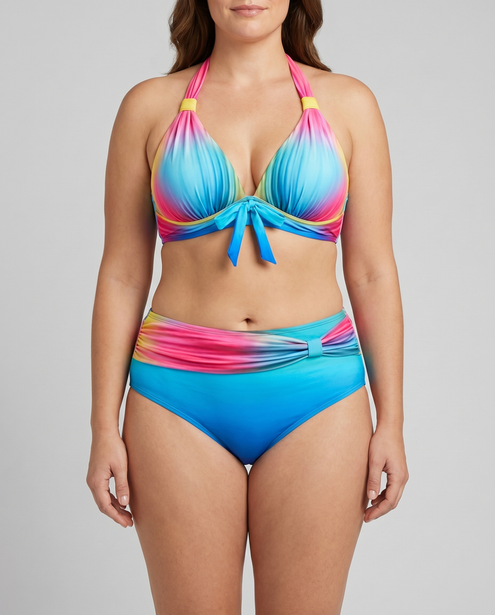 White | High-Waisted with Printed Vibrant Bikini